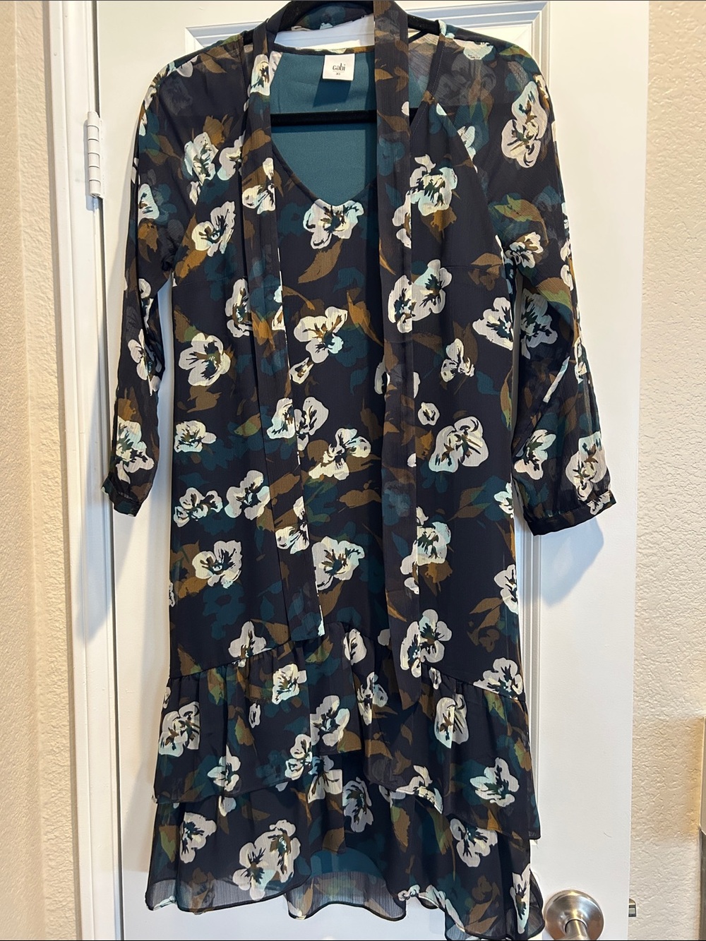 CAbi Floral Tiered Dress in Dark Teal, Black & White